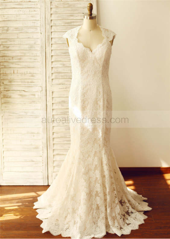 Mermaid Ivory Lace Champagne Lining Keyhole Back Wedding Dress
